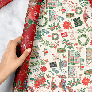 Bespoke Letterpress Christmas Joy / Red Floral 6pk Gift Wrap